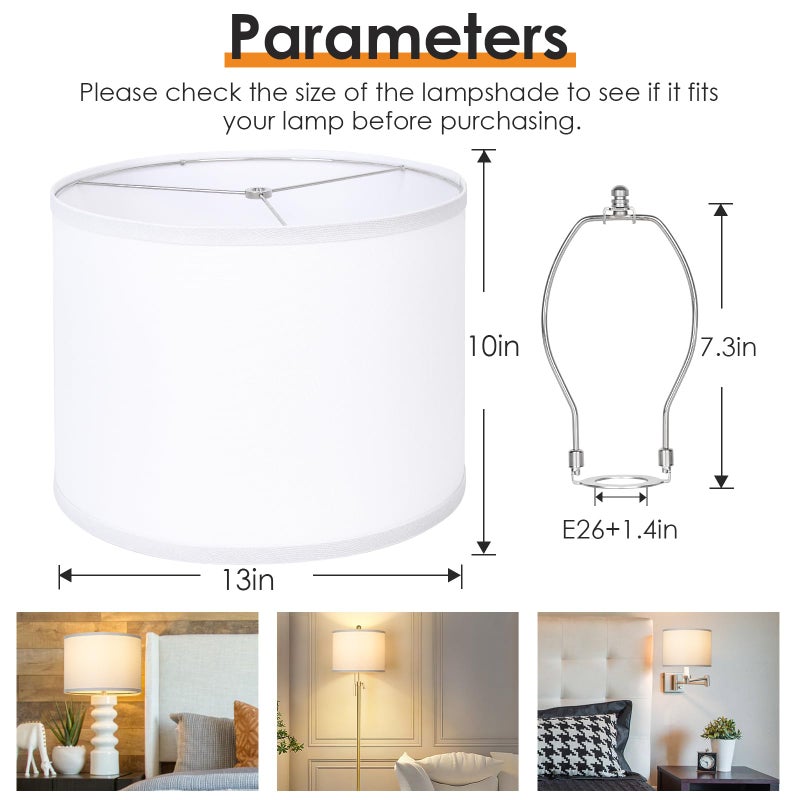 Qingmiao Lamp Shades Set of 2, Drum Lampshades 13" Top x 13" Bottom x 10" High with Spider Fitter, Large Replacement Lamp Shades for Table Lamps, Floor Lamps, Easy Assembly Required (2, White) - Image 2