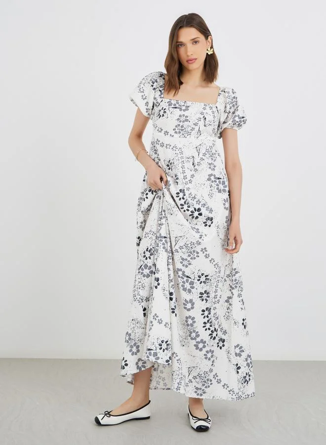 Take Two Take Two Floral Print Puff Sleeves A-Line Maxi Dress with Smocked Back