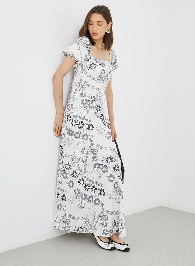 Take Two Take Two Floral Print Puff Sleeves A-Line Maxi Dress with Smocked Back