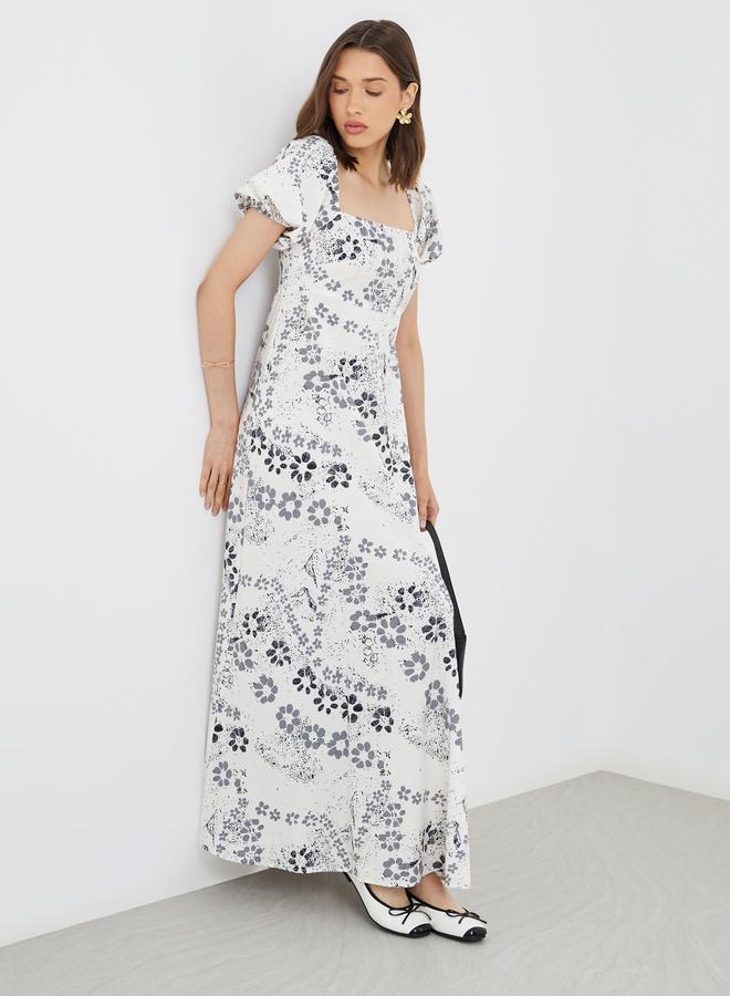 Take Two Floral Print Puff Sleeves A-Line Maxi Dress with Smocked Back - Image 1