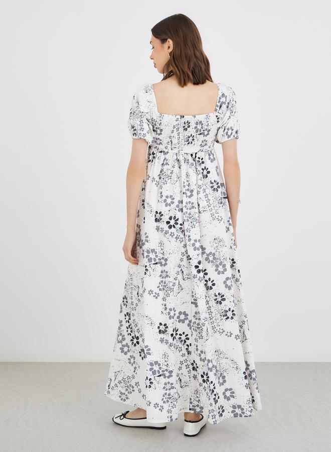 Take Two Floral Print Puff Sleeves A-Line Maxi Dress with Smocked Back - Image 5