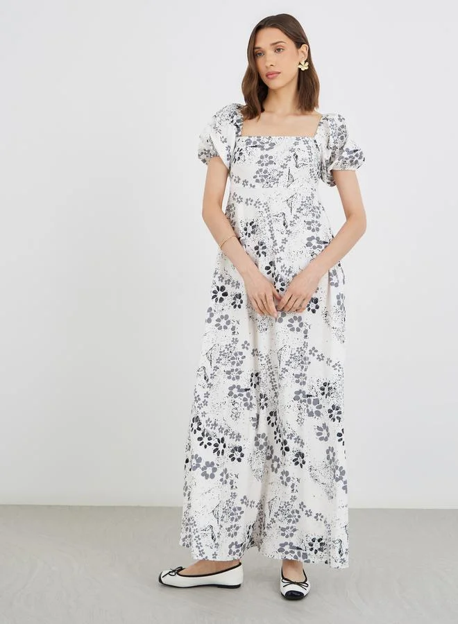 Take Two Take Two Floral Print Puff Sleeves A-Line Maxi Dress with Smocked Back