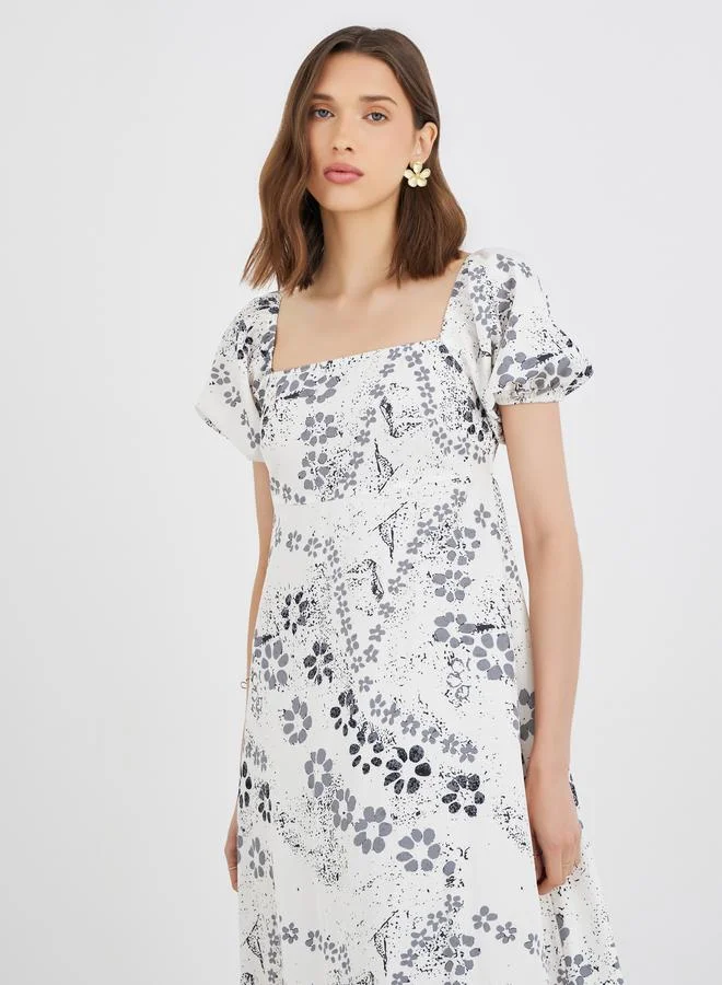 Take Two Take Two Floral Print Puff Sleeves A-Line Maxi Dress with Smocked Back
