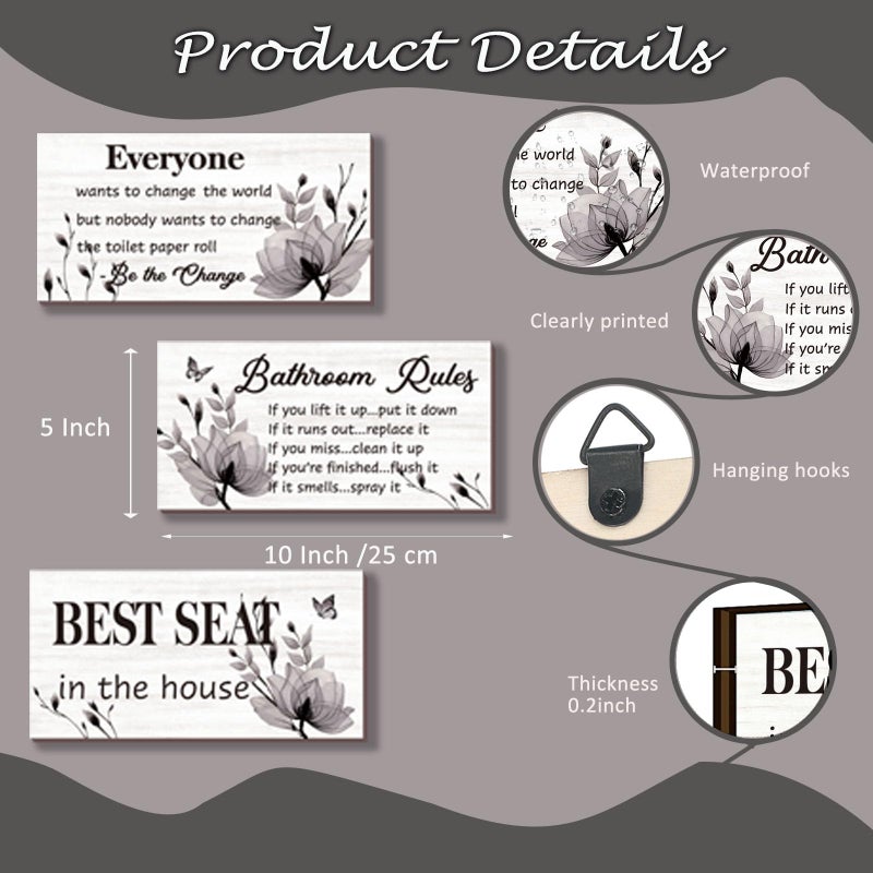 DONFENTHY Bathroom Decor, 3 Pcs Black Wall Art - Rustic Farmhouse Bathroom Rules Signs, Best Seat in The House, 10x5 Inch, Wooden - Image 3