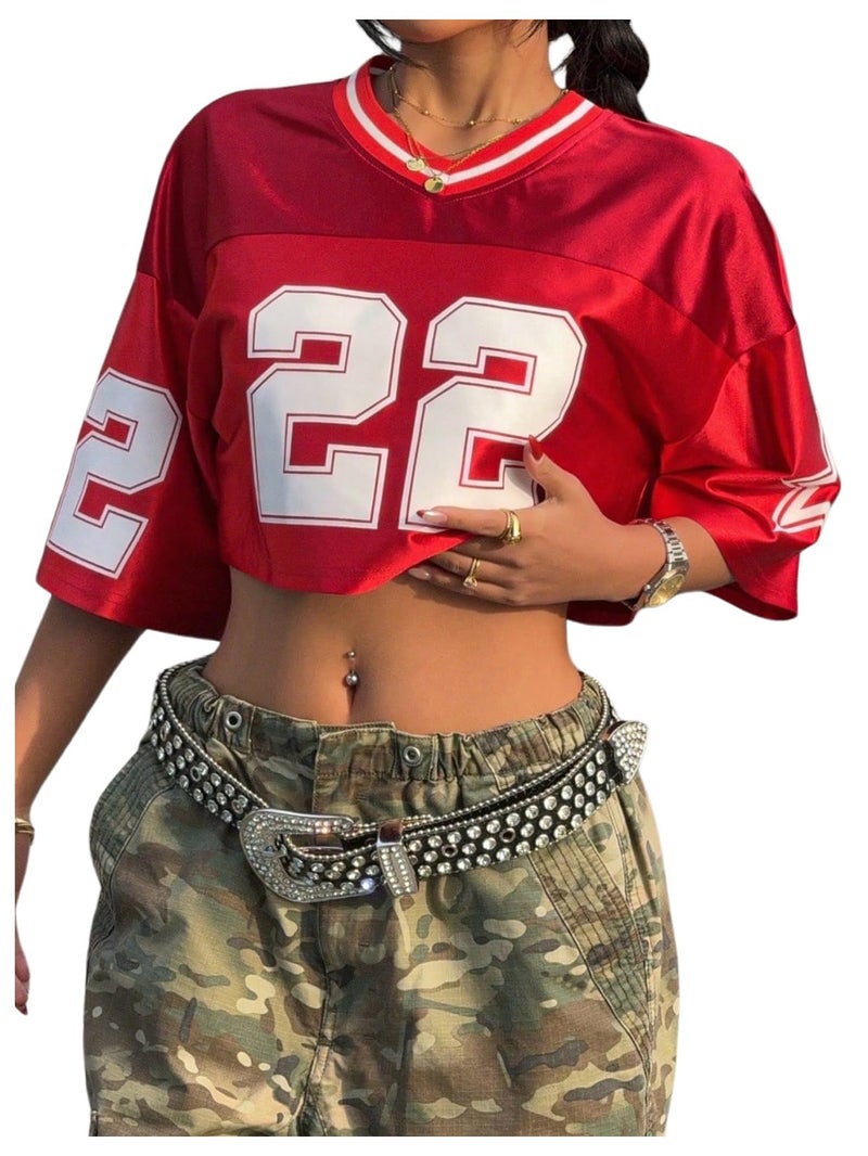 WDIRARA Women's Jersey Shirts Number Graphic Short Sleeve V Neck Tee Loose Crop Top Red Small - Image 1