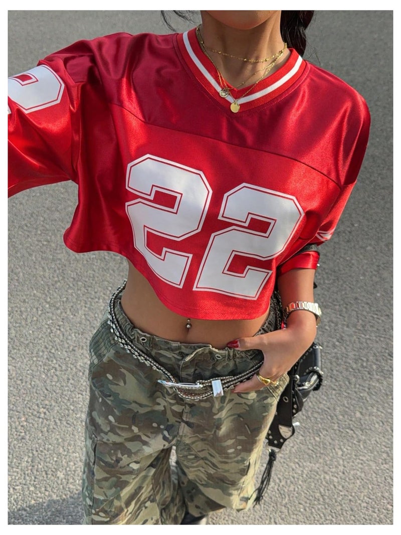 WDIRARA Women's Jersey Shirts Number Graphic Short Sleeve V Neck Tee Loose Crop Top Red Small - Image 2
