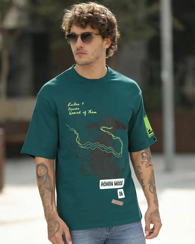 بيواكوف Men's Dark Sea Green Ronin Mode On Graphic Printed Oversized T-shirt