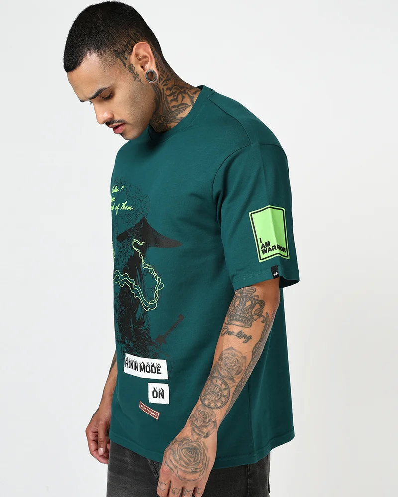 بيواكوف Men's Dark Sea Green Ronin Mode On Graphic Printed Oversized T-shirt