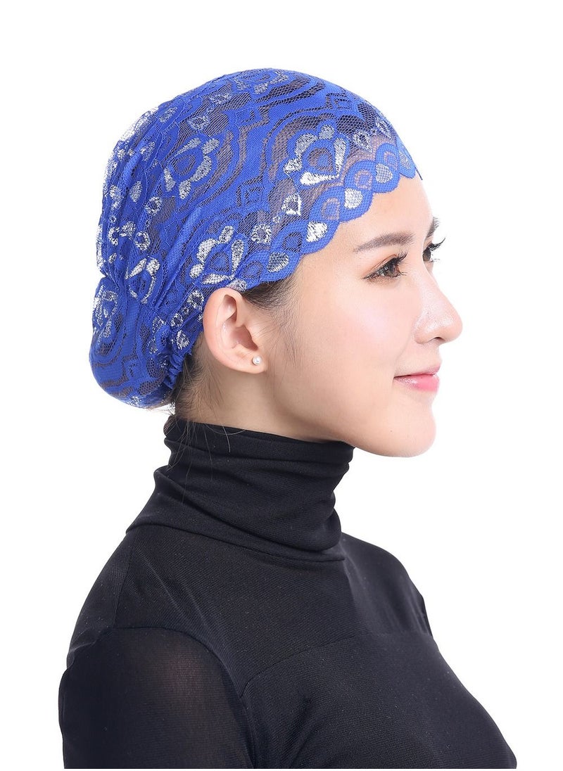 Loquat - Women's Solid Color Shiny Lace Hijab Inner Cap Blue - Image 1
