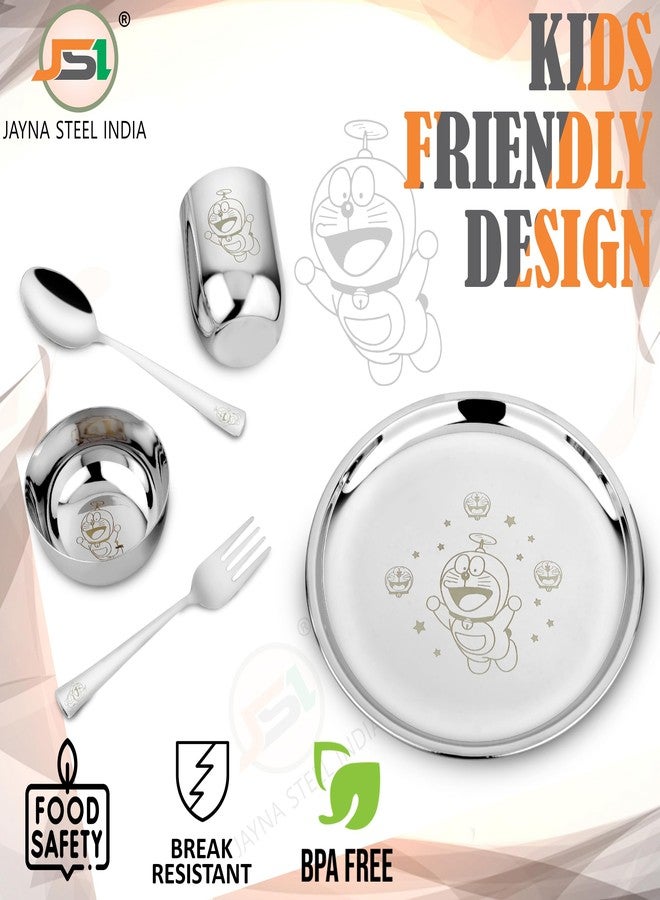 JSI طقم عشاء للأطفال من الفولاذ المقاوم للصدأ من JSI، مكون من 5 قطع، بنقش ليزر دائم - طقم عشاء من الفولاذ عالي الجودة 304، طبق عشاء بقطر 24 سم، كوب، وعاء، ملعقة، وشوكة - متين للغاية - Image 5