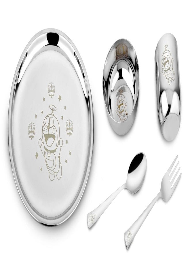 JSI طقم عشاء للأطفال من الفولاذ المقاوم للصدأ من JSI، مكون من 5 قطع، بنقش ليزر دائم - طقم عشاء من الفولاذ عالي الجودة 304، طبق عشاء بقطر 24 سم، كوب، وعاء، ملعقة، وشوكة - متين للغاية - Image 1