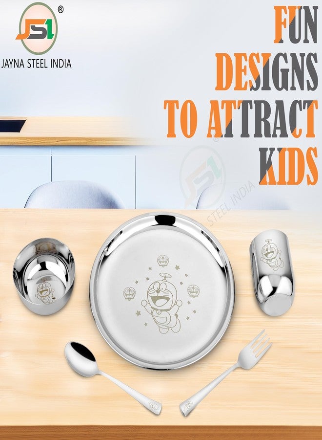 JSI طقم عشاء للأطفال من الفولاذ المقاوم للصدأ من JSI، مكون من 5 قطع، بنقش ليزر دائم - طقم عشاء من الفولاذ عالي الجودة 304، طبق عشاء بقطر 24 سم، كوب، وعاء، ملعقة، وشوكة - متين للغاية - Image 2