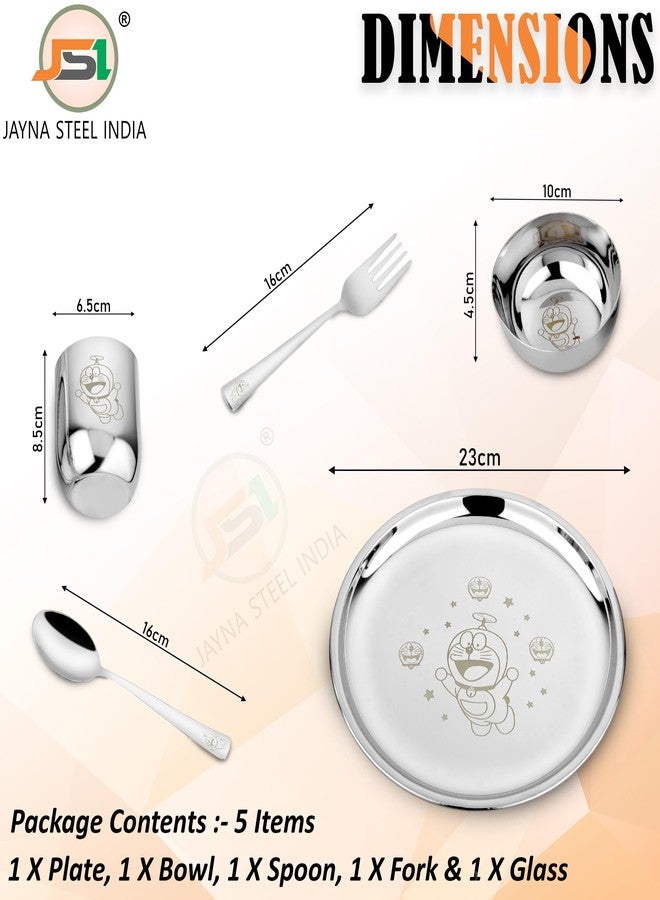 JSI طقم عشاء للأطفال من الفولاذ المقاوم للصدأ من JSI، مكون من 5 قطع، بنقش ليزر دائم - طقم عشاء من الفولاذ عالي الجودة 304، طبق عشاء بقطر 24 سم، كوب، وعاء، ملعقة، وشوكة - متين للغاية - Image 4