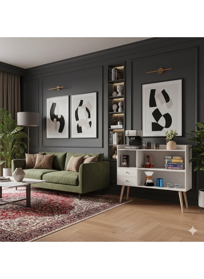 إكسبرت خزانة قهوة مع سطح كبير وأرفف مفتوحة و2 درج للتخزين 100x35x90 سم لغرفة المعيشة أو المكتب أبيضEI-210 - Image 3