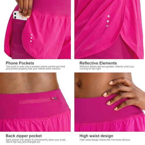Soothfeel Women's Running Shorts with Zipper Pocket 2 in 1 High Wasited Workout Athletic Gym Yoga Spandex Shorts for Women. Rose Red - Image 4