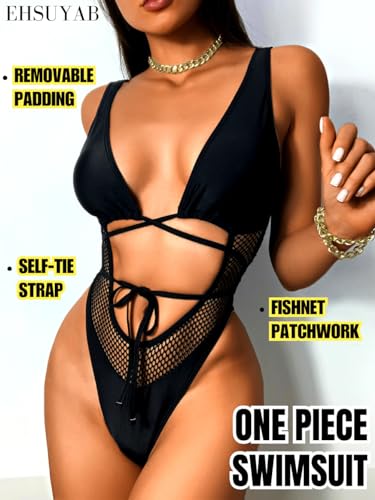 EHSUYAB Sexy One Piece Swimsuit For Women,Bathing Suits Plunge Swim suits High Cut Swimwear,Thong Swim Suit Swim Suits Rave Outfits Bodysuit Bottle Girl Festival Vacation Pool Party Beach Black Medium - Image 2
