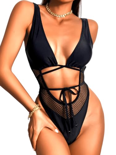 EHSUYAB Sexy One Piece Swimsuit For Women,Bathing Suits Plunge Swim suits High Cut Swimwear,Thong Swim Suit Swim Suits Rave Outfits Bodysuit Bottle Girl Festival Vacation Pool Party Beach Black Medium - Image 1