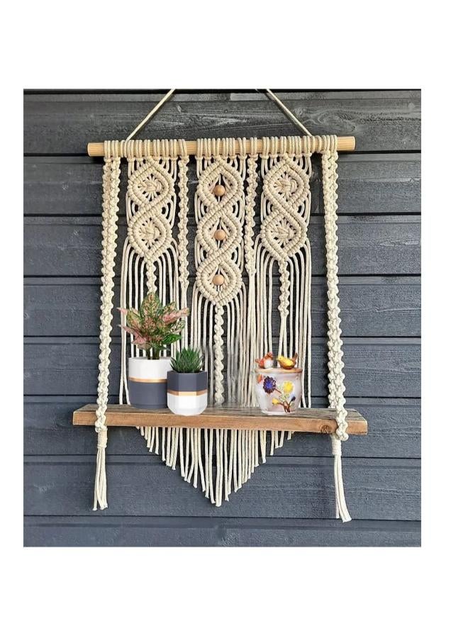 انتيكيانو رف معلق على الحائط بخيوط مكرمية.. ديكور حائط بوهيمي لغرفة النوم - فن جداري من حبل مكرمية منسوج كديكور لرف - Image 1