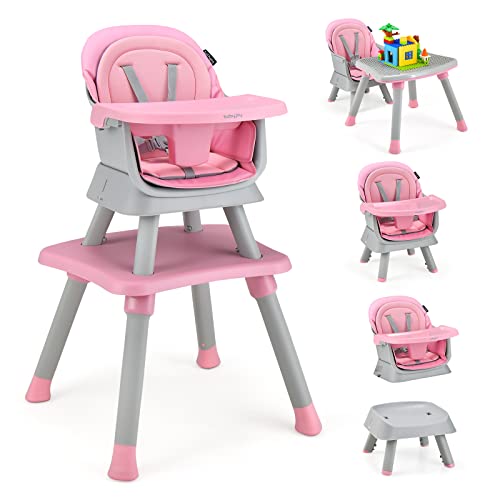 BABY JOY Baby High Chair, 8 in 1 Convertible Highchair for Babies & Toddlers | Booster Seat | Table and Chair Set | Building Block Table | Toddler Chair with Safety Harness, Removable Tray (Pink) - Image 1