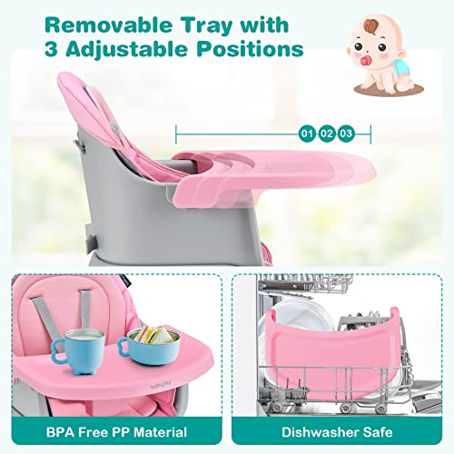BABY JOY Baby High Chair, 8 in 1 Convertible Highchair for Babies & Toddlers | Booster Seat | Table and Chair Set | Building Block Table | Toddler Chair with Safety Harness, Removable Tray (Pink) - Image 4