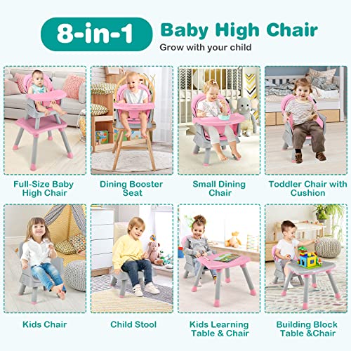 BABY JOY Baby High Chair, 8 in 1 Convertible Highchair for Babies & Toddlers | Booster Seat | Table and Chair Set | Building Block Table | Toddler Chair with Safety Harness, Removable Tray (Pink) - Image 2