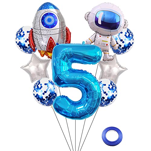 Kawailay Astronaut Rocket 5th Birthday Party Balloons Jumbo Spaceman Birthday Balloons Outer Space Theme Foil Balloons 32 Inch Blue Number 5 Helium Balloon for Birthday Party - Image 1