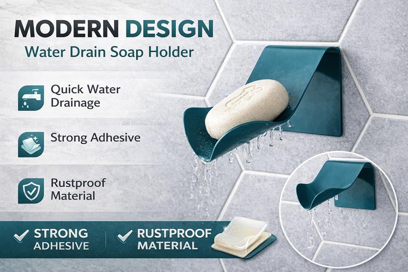Wall-Mounted Soap Dish Holder, Teal, Self-Adhesive, Bathroom Shower Organiser, Set of 2 - Image 4