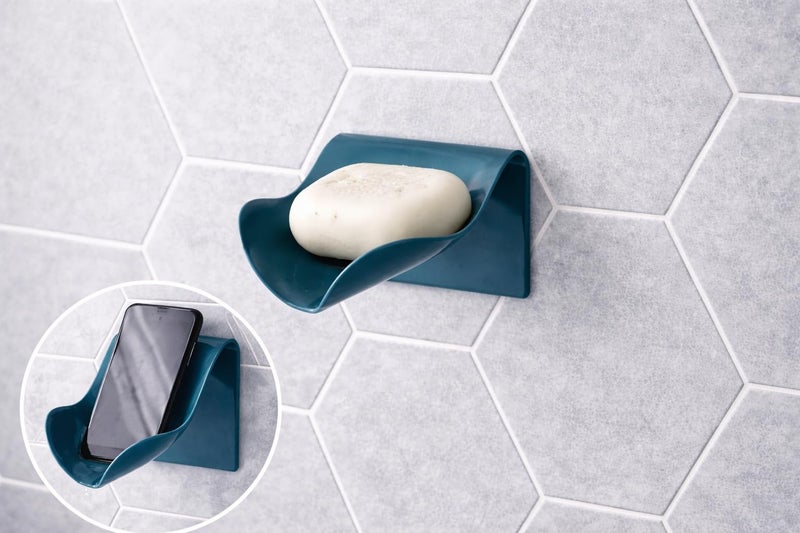 Wall-Mounted Soap Dish Holder, Teal, Self-Adhesive, Bathroom Shower Organiser, Set of 2 - Image 2