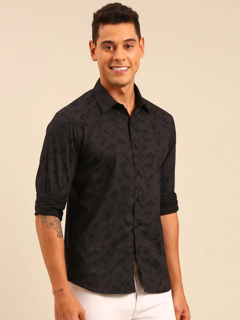 Joven Black Printed Cotton Lycra Full Sleeve Shirt for Men