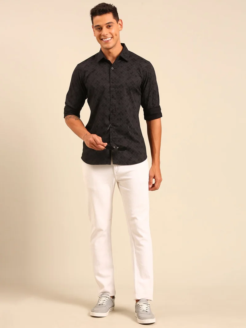 Joven  Black Printed Cotton Lycra Full Sleeve Shirt for Men for Men | Best Price UAE