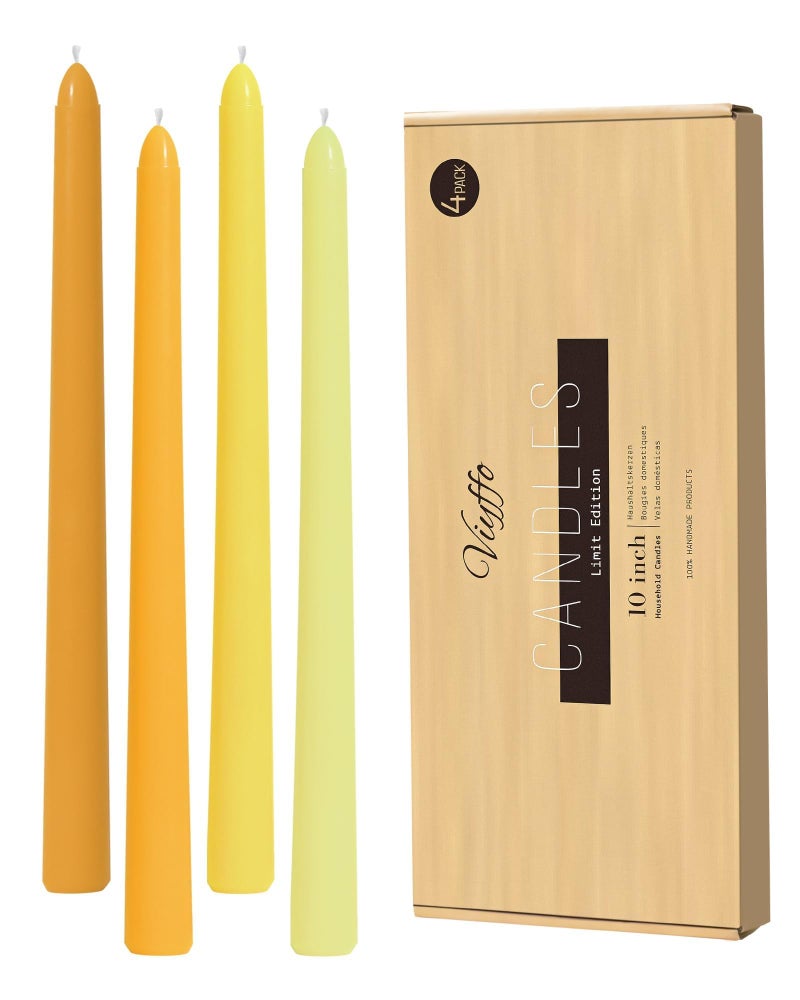 Viyffo Taper Candles 10 Inch Yellow Set of 4 Unscented, Dripless, Smokeless Long Tall Tapered Candlesticks Wedding Advent Home Decor Dinner Christmas-Natural Color Series - Image 1