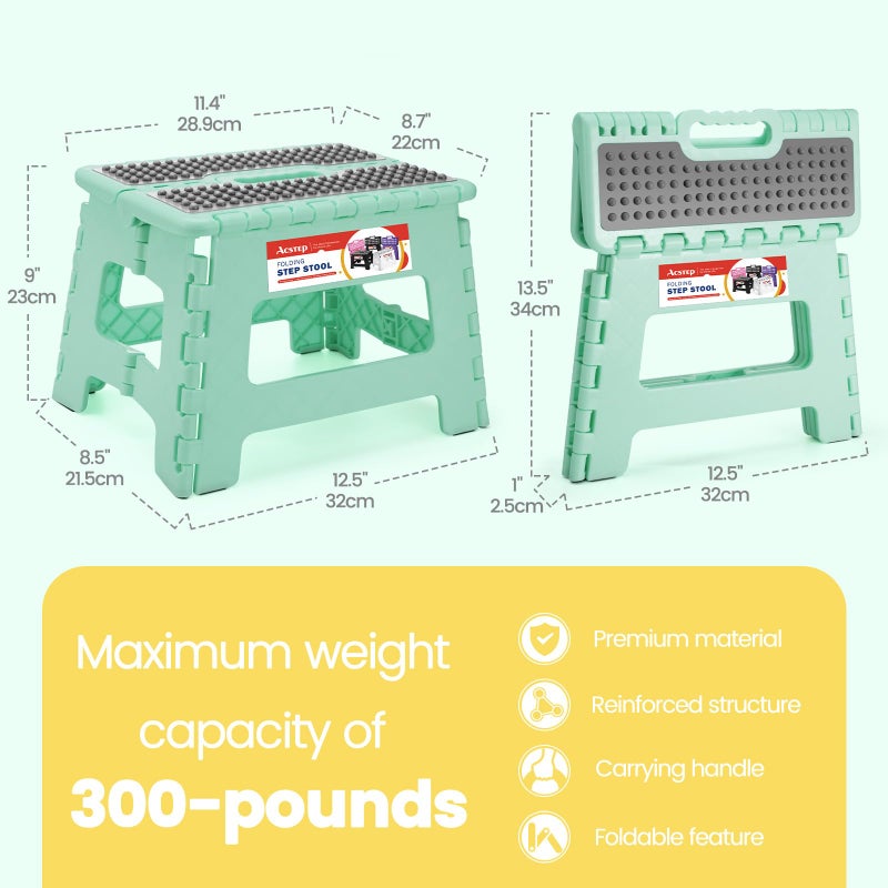ACSTEP 9 Inch Folding Step Stool 300 LB Capacity Non Slip Foot Stool with Handle Plastic Foldable Step Stools for Kids Stepping Stool for Bathroom Black Small Step Stool (1 PC Teal) - Image 4