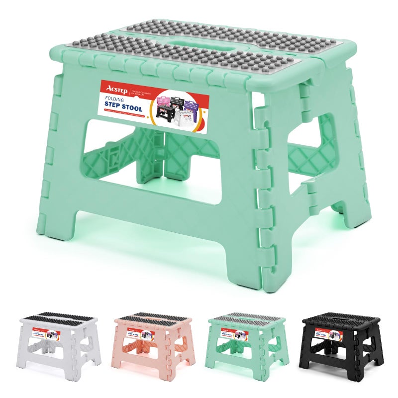 ACSTEP 9 Inch Folding Step Stool 300 LB Capacity Non Slip Foot Stool with Handle Plastic Foldable Step Stools for Kids Stepping Stool for Bathroom Black Small Step Stool (1 PC Teal) - Image 1