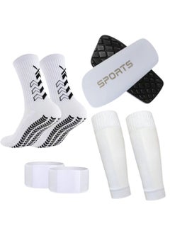 PYC Football Four piece Set Skidproof Soccer Socks Nylon Pocket Shin Guard Sleeves Calf Compression Socks For Soccer Football Sports Adjustable Shin Guard Straps(White)  - Image 1