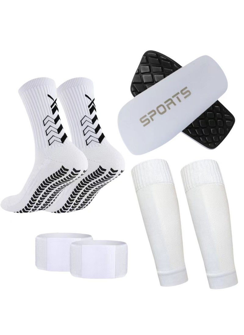 PYC - Football Four piece Set Skidproof Soccer Socks Nylon Pocket Shin Guard Sleeves Calf Compression Socks For Soccer Football Sports Adjustable Shin Guard Straps(White) - Image 1