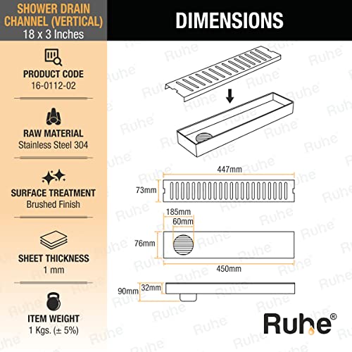 Ruhe 18 × 3 Inches Floor Drainer | 304 Stainless Steel Vertical Shower Water Drain Channel/Waste Water Floor Drain | With Stainless Steel Trap and Side Hole | Without Collar - Image 2