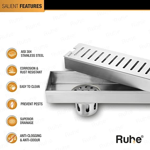 Ruhe 18 × 3 Inches Floor Drainer | 304 Stainless Steel Vertical Shower Water Drain Channel/Waste Water Floor Drain | With Stainless Steel Trap and Side Hole | Without Collar - Image 4