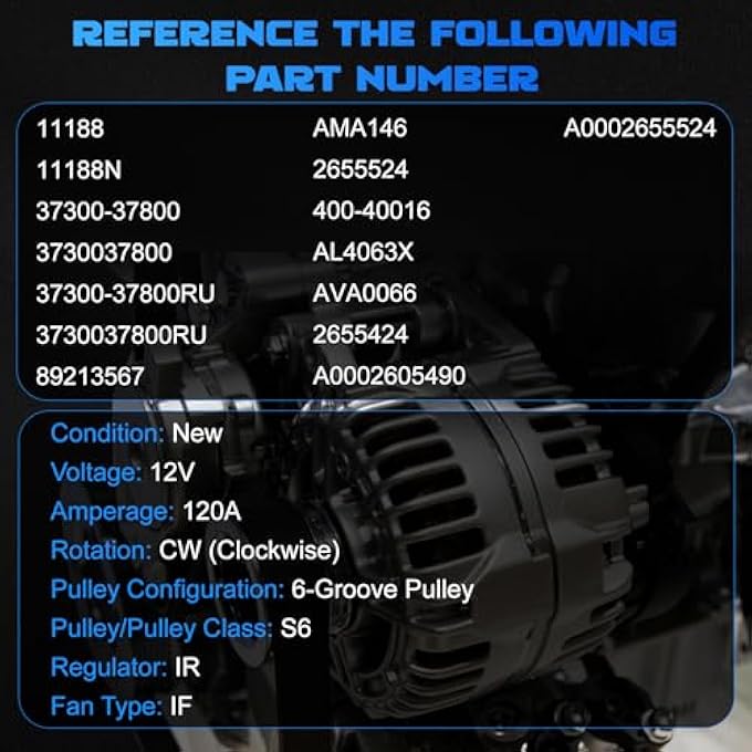 YOMALL Alternator 11188 for 2005-2006 Magentis & Optima, for 2005-2010 Sportage, for 2005-2006 Santa Fe & 2005-2008 Tiburon & 2005-2009 Tucson 2.7L V6 120Amp 6PK 11188N 37300-37800 AVA0066 - Image 3