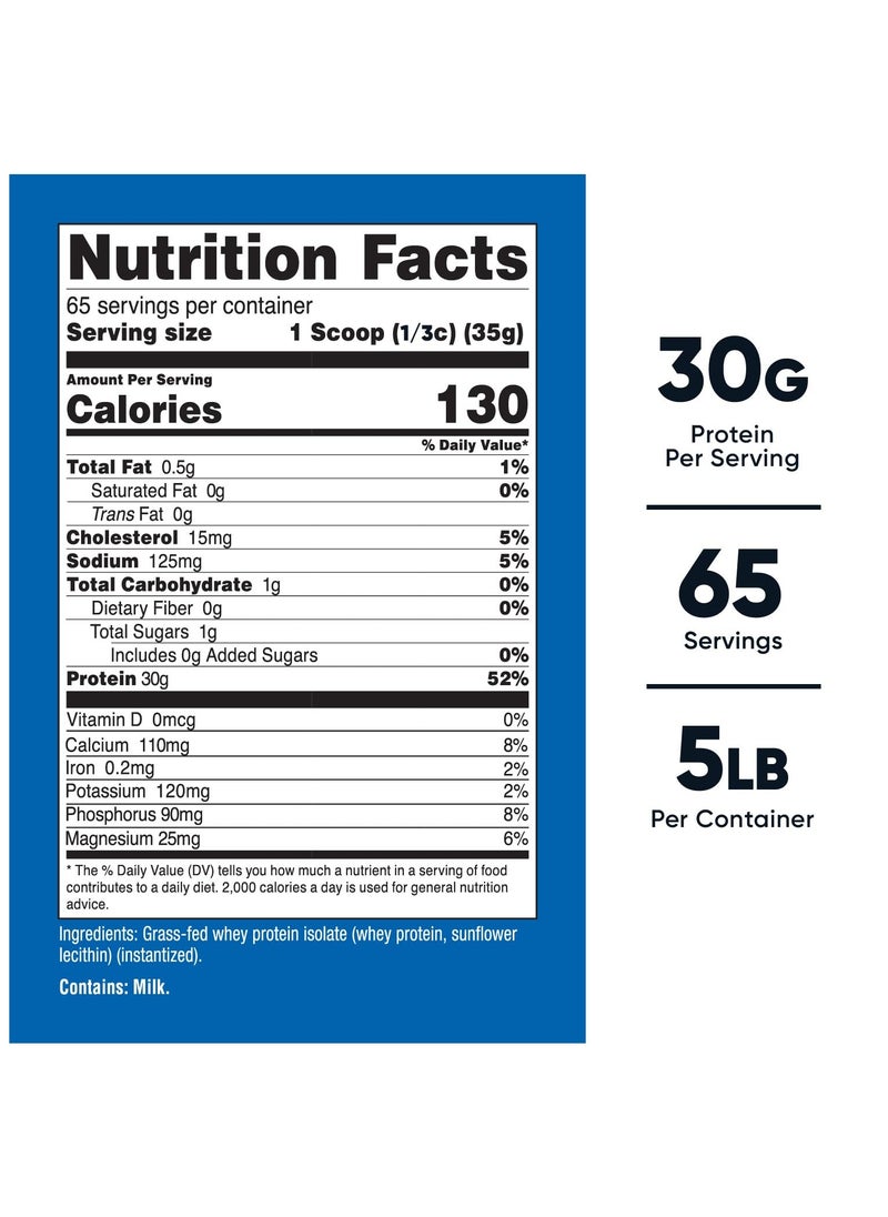 Nutricost - Grass-Fed Whey Protein Isolate, 30 G Per Serving | 65 SERVINGS | 5 LB Per COntainer - Unflavored Net Wt.5 LB (2268 G) - Image 1
