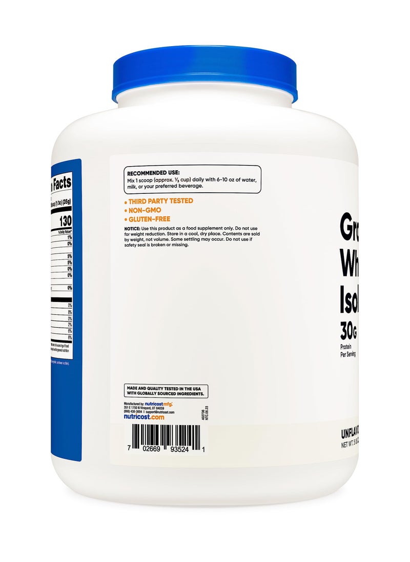 Nutricost - Grass-Fed Whey Protein Isolate, 30 G Per Serving | 65 SERVINGS | 5 LB Per COntainer - Unflavored Net Wt.5 LB (2268 G) - Image 1