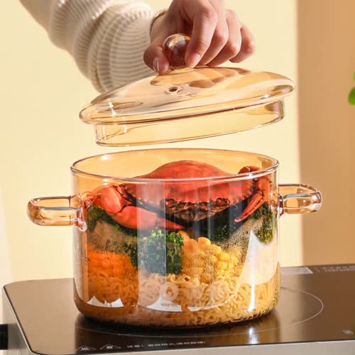 Vaguelly, Clear Glass Cooking Pot Saucepan with Lid, 1500mL Simmer Pot Microwave Stove and Dishwasher Safe Double-Handle Cookware for Milk Pasta Noodles Soup, Amber - Image 1