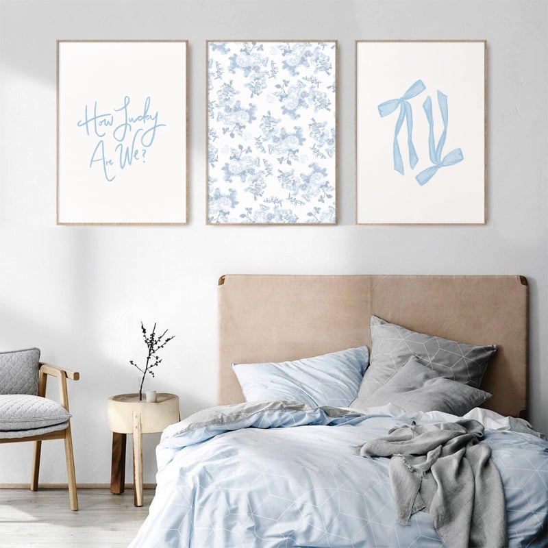 Baccone Blue Bow Wall Art Floral Canvas Wall Decor Coquette Flower Wall Art Trendy Aesthetic Poster Girly Preppy Pictures Blue Floral Prints for Living Room Bathroom 12x16 Inch Unframed Set of 3 - Image 5