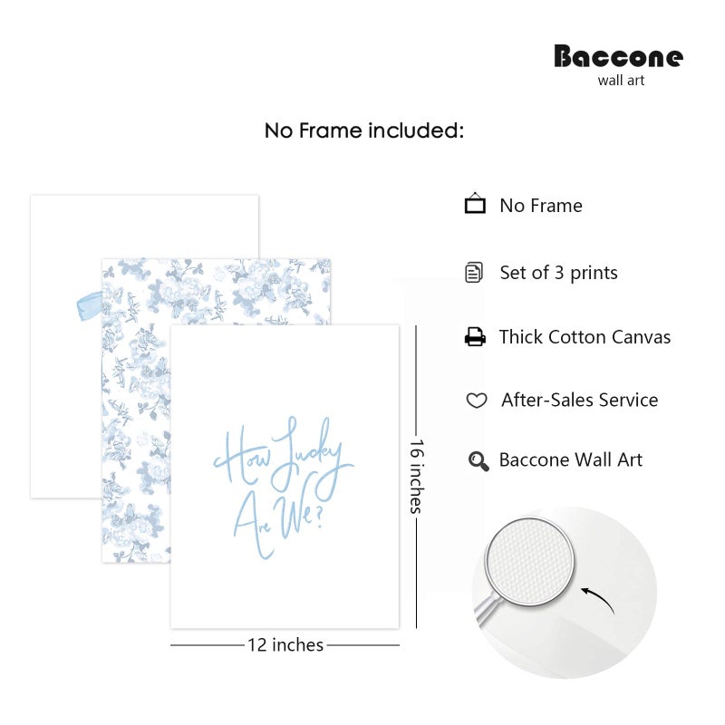 Baccone Blue Bow Wall Art Floral Canvas Wall Decor Coquette Flower Wall Art Trendy Aesthetic Poster Girly Preppy Pictures Blue Floral Prints for Living Room Bathroom 12x16 Inch Unframed Set of 3 - Image 2