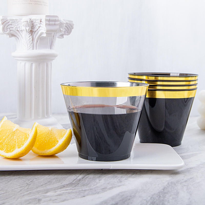 supernal Superrnal 100pcs Gold and Black Plastic Cups 9OZ Elegant Gold Rimmed Plastic Clear Party Fancy Disposable Wedding Cups for Family Gatherings  Afternoon Tea  Parties - Image 3