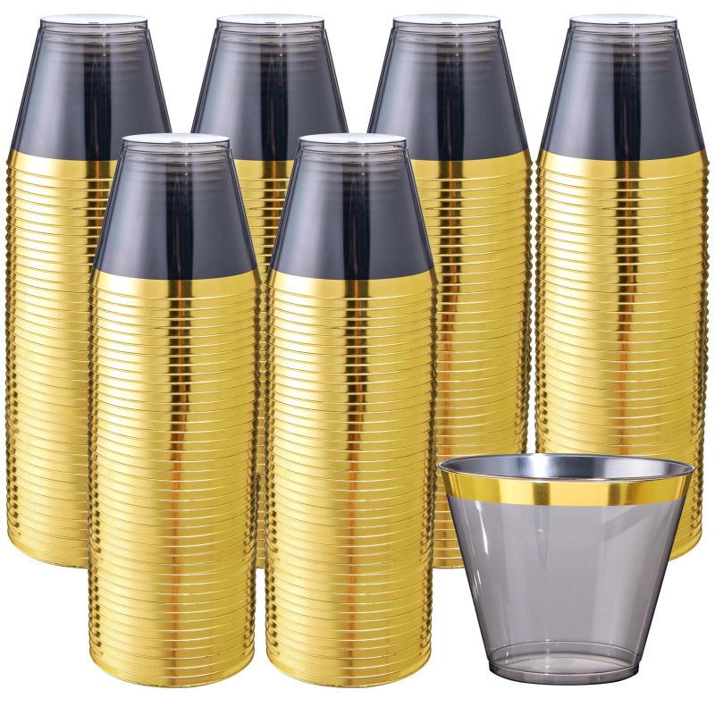 supernal Superrnal 100pcs Gold and Black Plastic Cups 9OZ Elegant Gold Rimmed Plastic Clear Party Fancy Disposable Wedding Cups for Family Gatherings  Afternoon Tea  Parties - Image 1