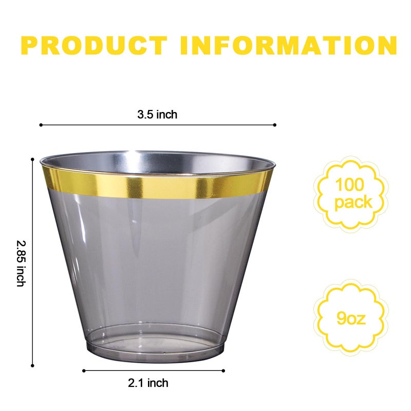 supernal Superrnal 100pcs Gold and Black Plastic Cups 9OZ Elegant Gold Rimmed Plastic Clear Party Fancy Disposable Wedding Cups for Family Gatherings  Afternoon Tea  Parties - Image 2