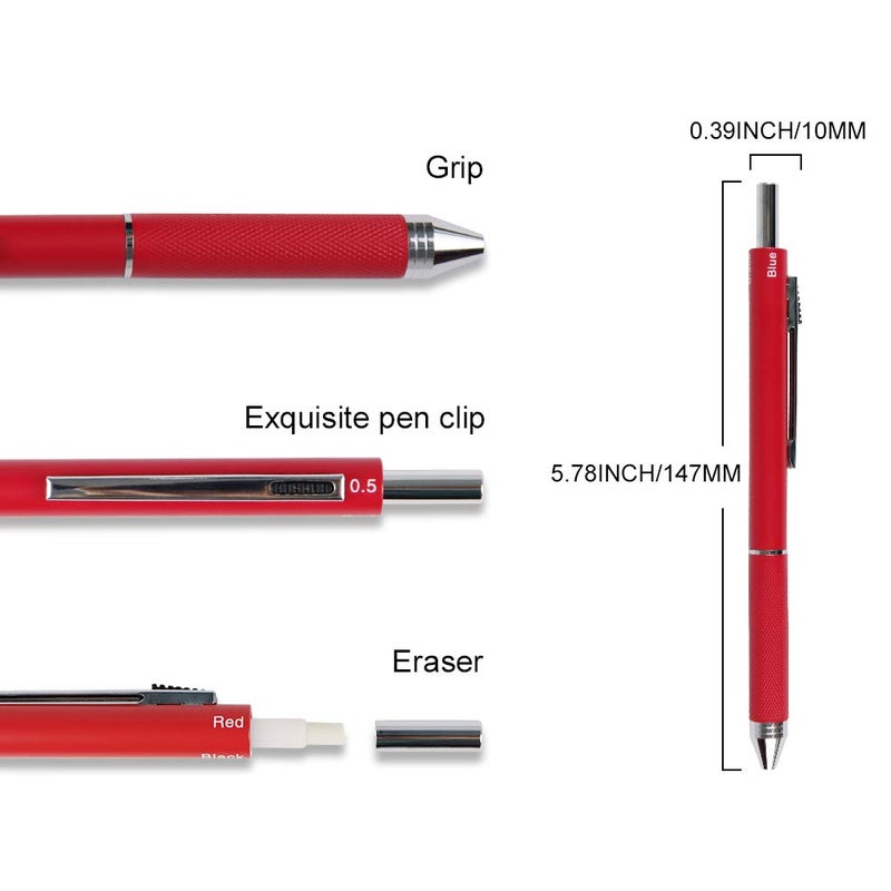 smttw 4 in1 Multi-Function Refillable & Retractable Ballpoint Pen + 0.5mm Mechanical Pencil, Fine Point, Red Metal Barrel, Black/Red/Blue Inks, Multicolor Pen With Metal Gift Box - Image 2