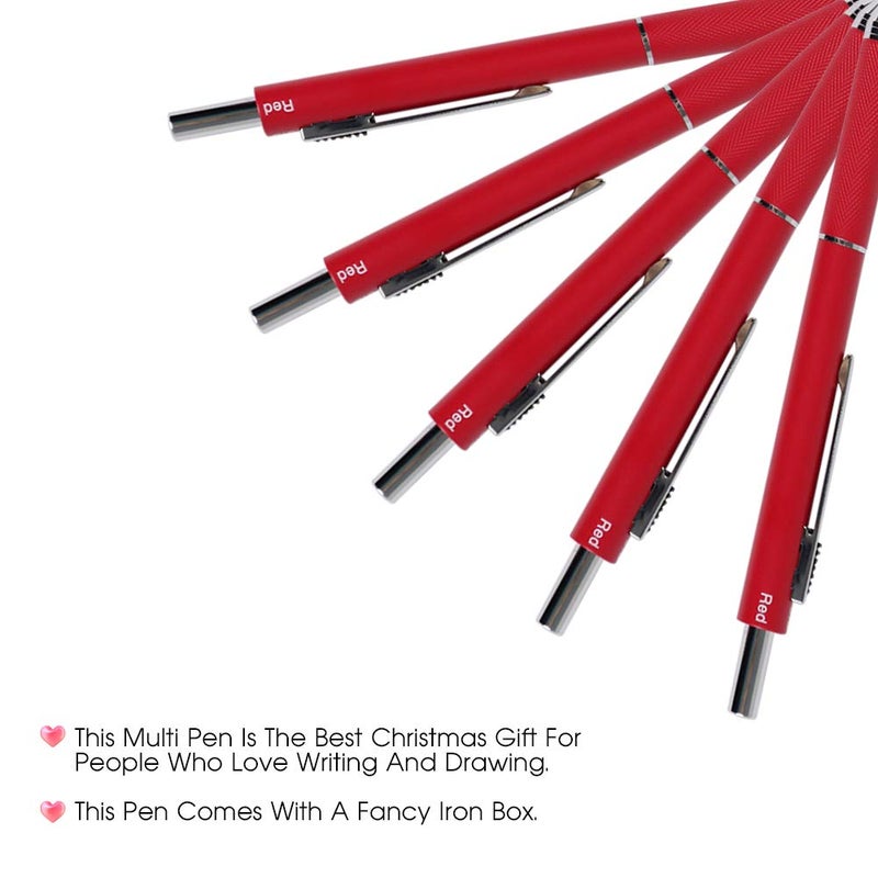 smttw 4 in1 Multi-Function Refillable & Retractable Ballpoint Pen + 0.5mm Mechanical Pencil, Fine Point, Red Metal Barrel, Black/Red/Blue Inks, Multicolor Pen With Metal Gift Box - Image 4