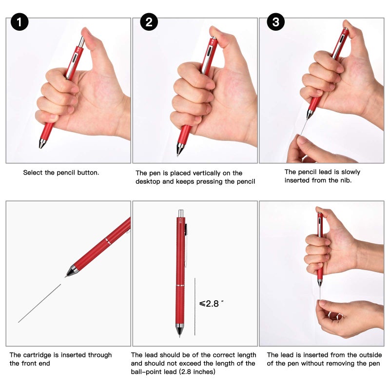 smttw 4 in1 Multi-Function Refillable & Retractable Ballpoint Pen + 0.5mm Mechanical Pencil, Fine Point, Red Metal Barrel, Black/Red/Blue Inks, Multicolor Pen With Metal Gift Box - Image 3