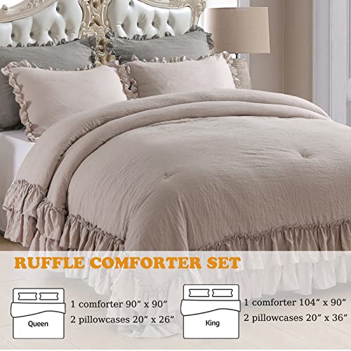 Masaca Shabby Ruffled King Comforter Set,Farmhouse Taupe Bedding Comforter Lightweight Ultra Soft Vintage Rustic Microfiber Bedding 3pc (1 Ruffle Comforter and 2 Pillowcases) - Image 2